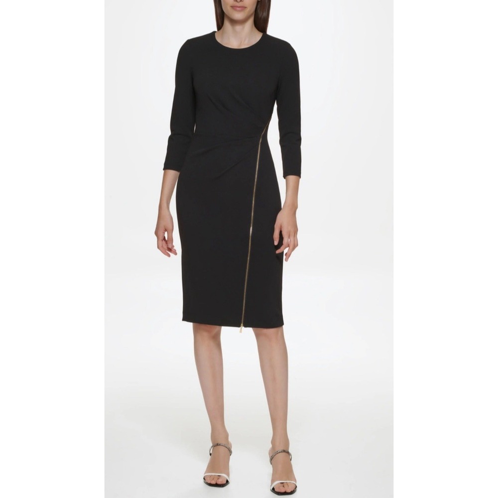 Calvin Klein Zip Trim Sheath Dress Size 10 Black 3/4 Sleeve Ruched Tummy Career